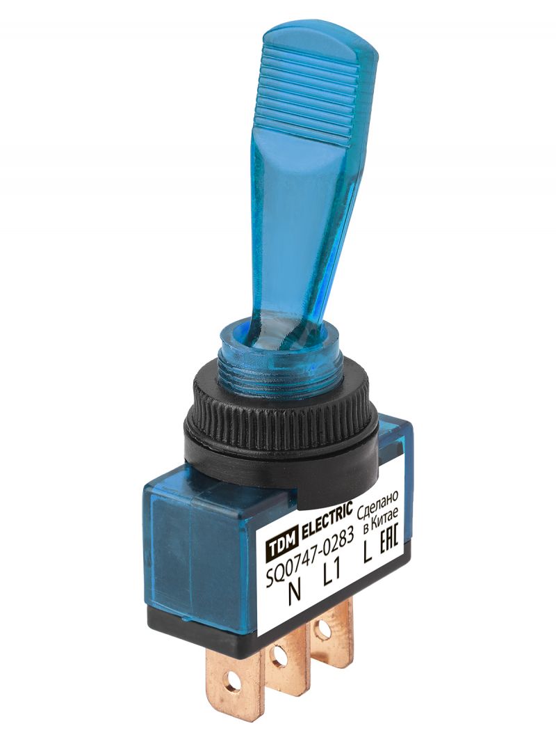Выключатель-тумблер ASW-13D 1P 12В AC/DC 20А (3c) ON-OFF с фиксацией с синей LED подсветкой TDM